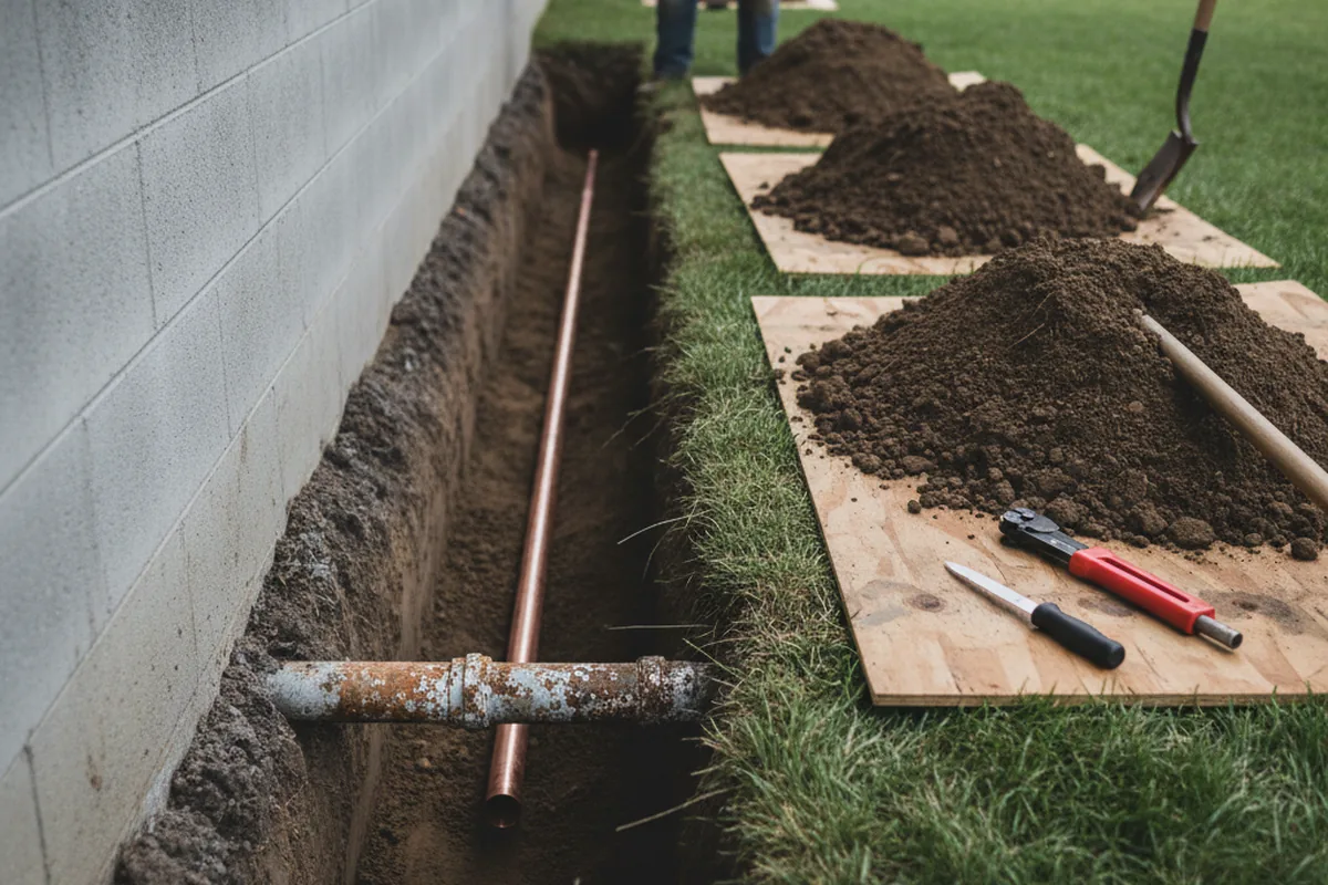 Excavated water line trench during Sewer Line Repair in Stateline